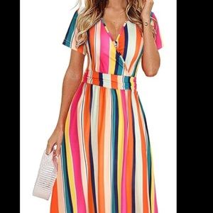 Women's Summer rainbow Short Sleeve V-Neck  Party Dress with Pockets | M